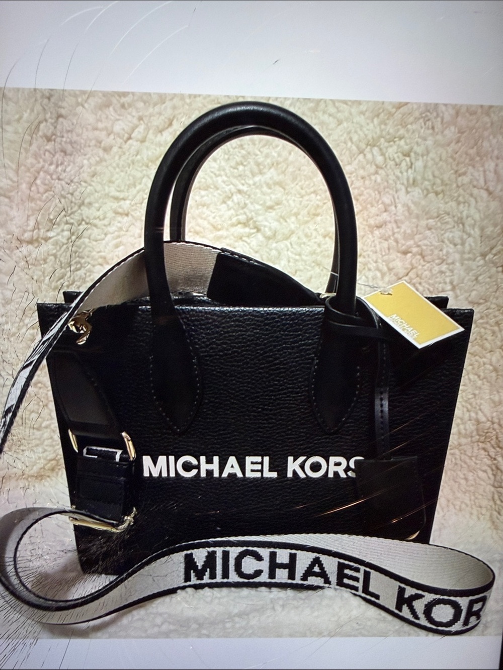 Michael Kors NWT Mirella Black Leather SM Tote with MK  Canvas Crossbody Strap